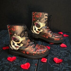 RAAD Combat Ankle Boots Sugar Skull Girl Men 8 Women 9.5 Day of the Dead Roses